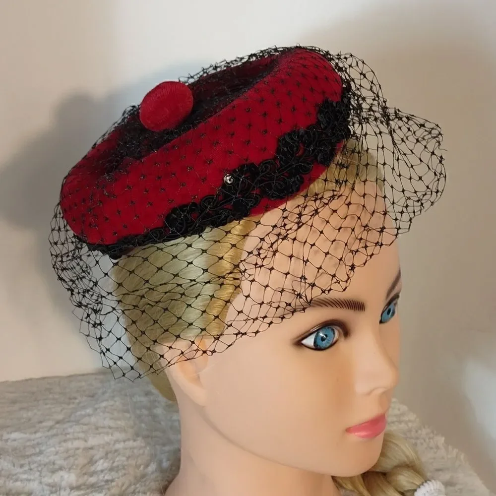 Union Made Vintage Red Velvet Black Sequins Fascinator Hat - Picture 1 of 5